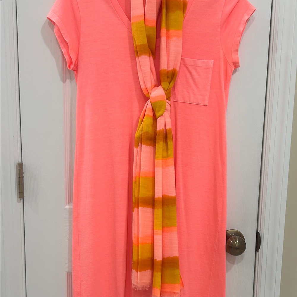 GAP Neon Coral V-Neck Pocket Tee Dress with Scarf